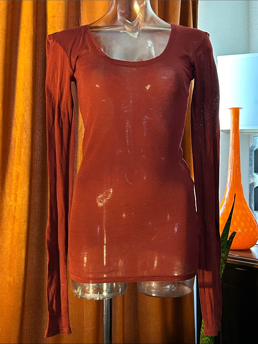 American Vintage Long Sleeve Scoop Neck Top Burgundy
